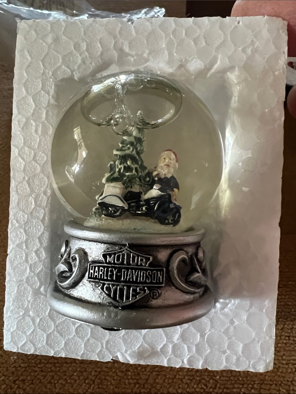 Harley-Davidson Silver, White & Green Santa Motorcycle Snow Globe